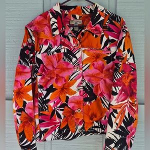 Caribbean Joe Bright Multicolor Tropical Floral Crop Style Jean Jacket Size XL